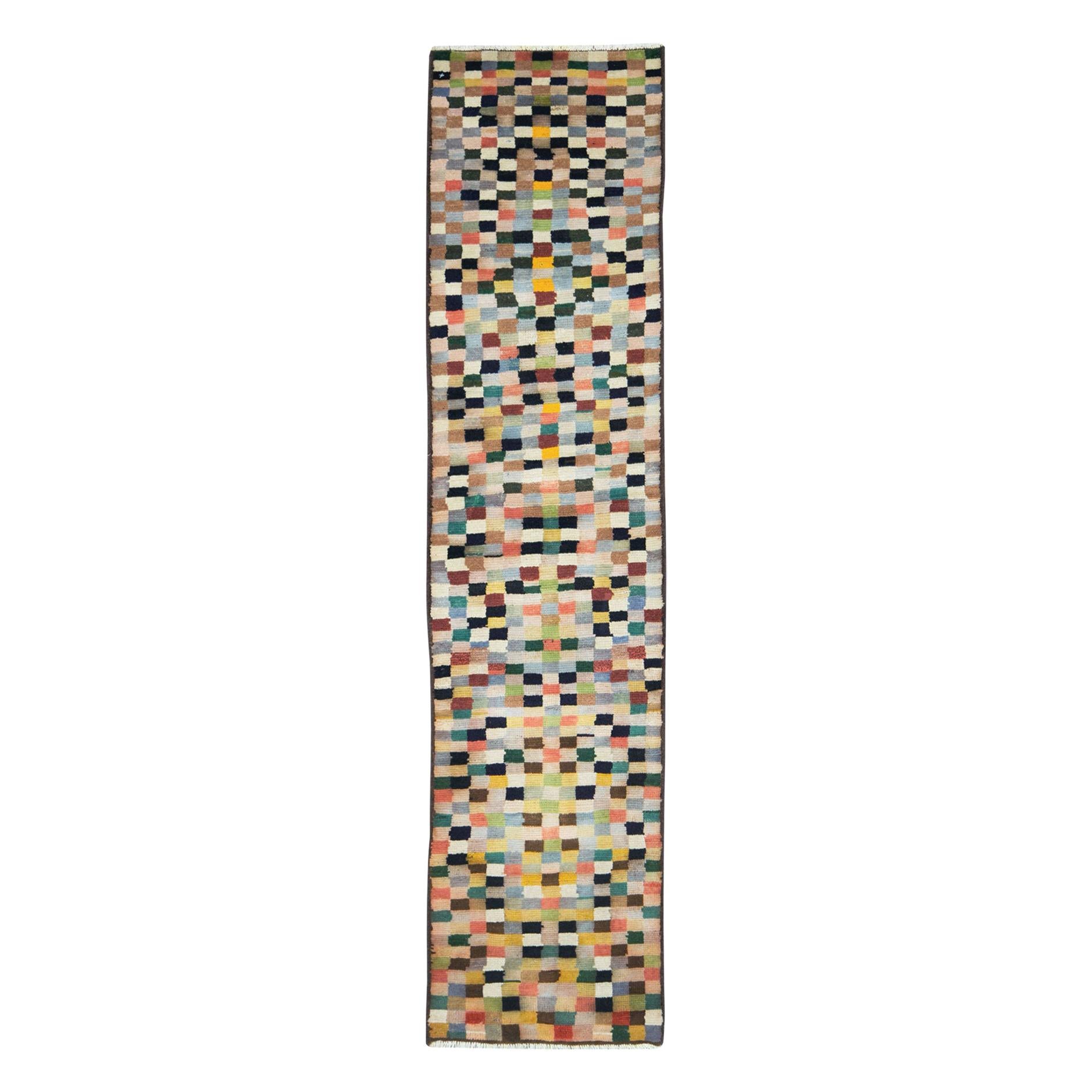 Midcentury Handmade Persian Art Deco Style Multicolored Checkerboard Runner For Sale