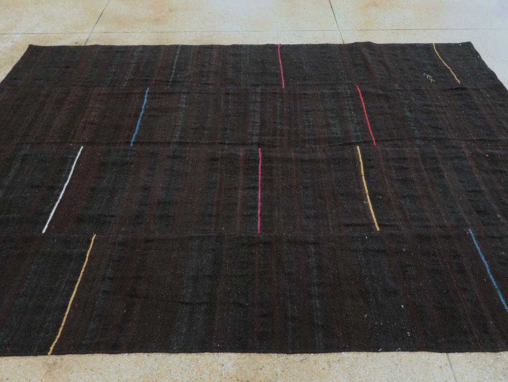 Mid-Century Modern Contemporary Handmade Persian Flat-Weave Accent Rug in Dark Brown For Sale
