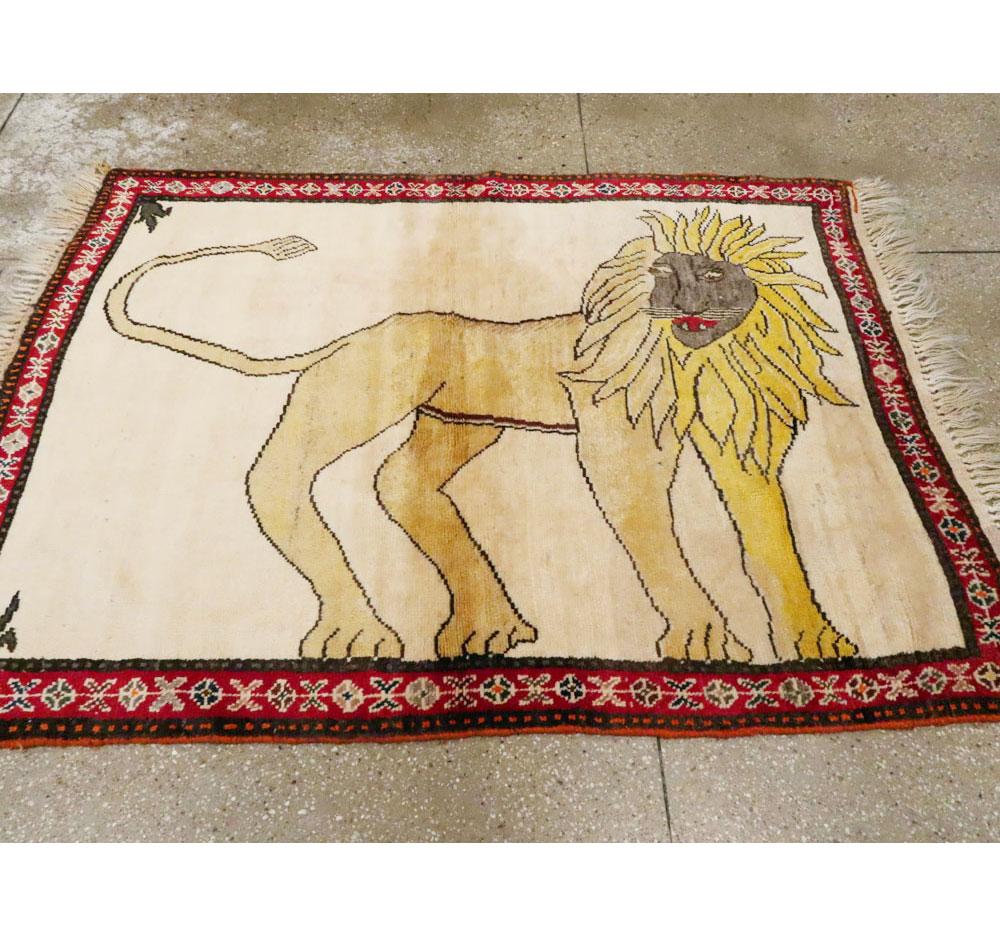 Tribal Midcentury Handmade Persian Folk Pictorial Lion Accent Rug