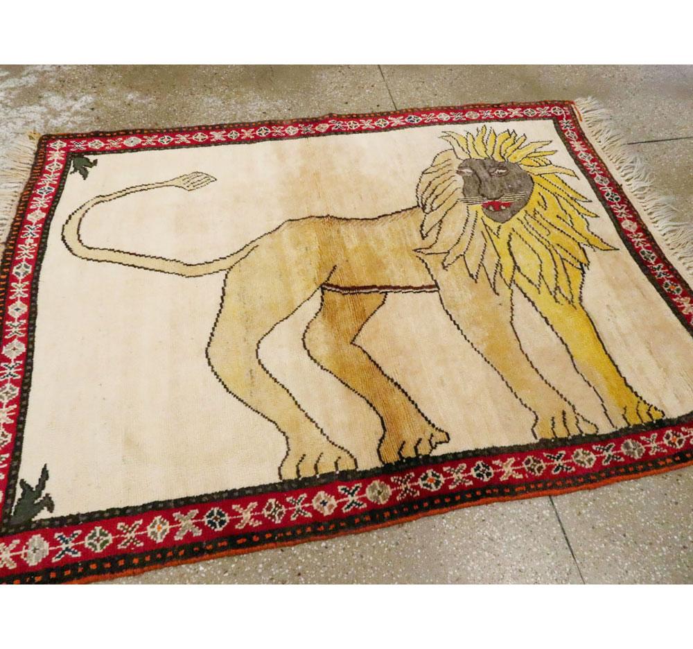 Hand-Knotted Midcentury Handmade Persian Folk Pictorial Lion Accent Rug
