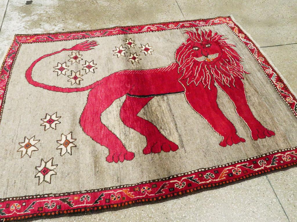 Tribal Vintage Handmade Persian Folk Pictorial Lion Accent Rug