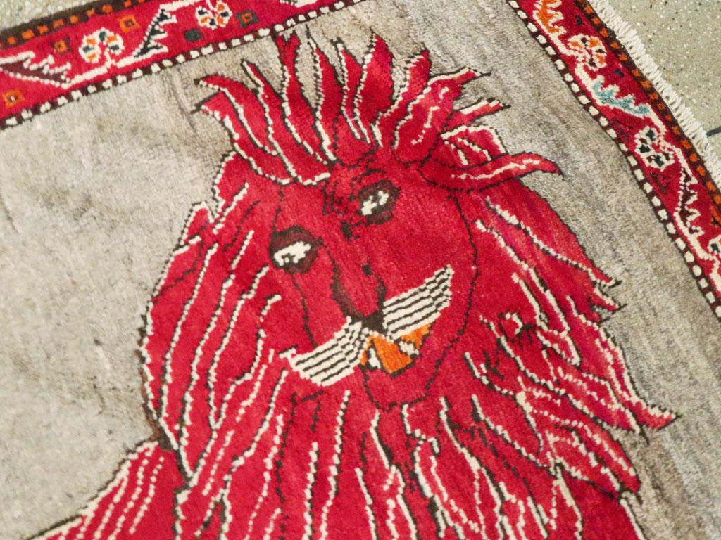 Hand-Knotted Vintage Handmade Persian Folk Pictorial Lion Accent Rug