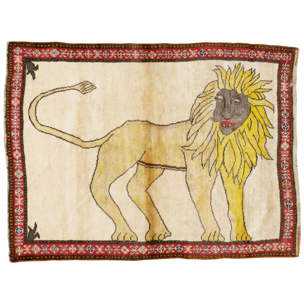 Midcentury Handmade Persian Folk Pictorial Lion Accent Rug