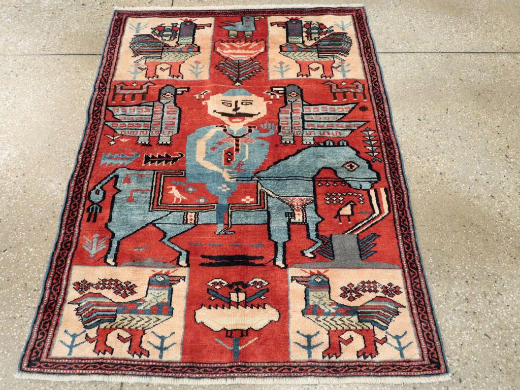 Folk Art Midcentury Handmade Persian Pictorial Folk Rug in Red and Blue-Grey For Sale