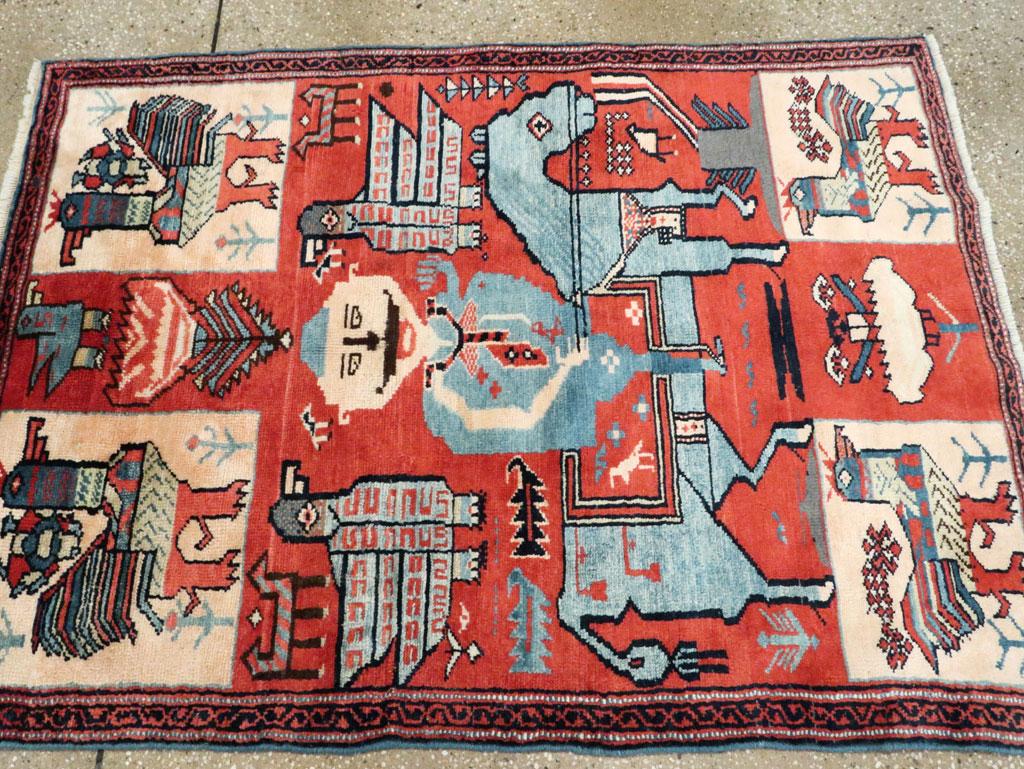 Midcentury Handmade Persian Pictorial Folk Rug in Red and Blue-Grey In Good Condition For Sale In New York, NY