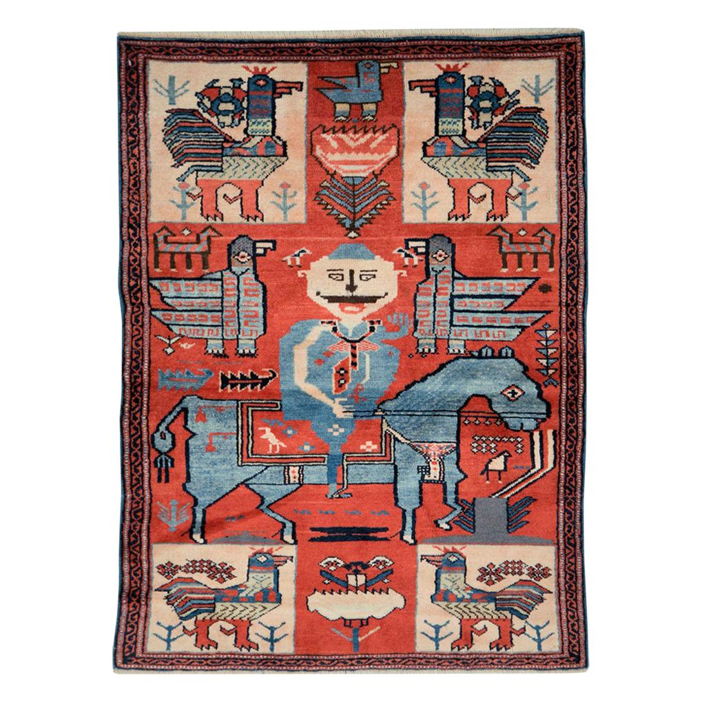 Midcentury Handmade Persian Pictorial Folk Rug in Red and Blue-Grey