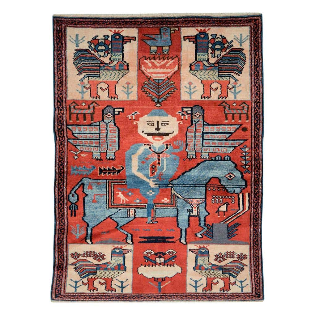 Midcentury Handmade Persian Pictorial Folk Rug in Red and Blue-Grey For ...