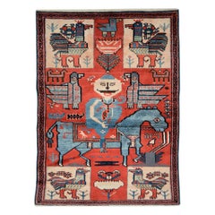 Vintage Midcentury Handmade Persian Pictorial Folk Rug in Red and Blue-Grey