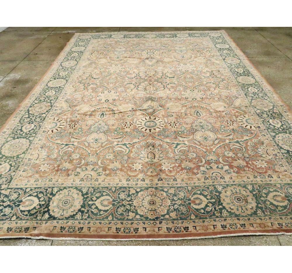 Hand-Knotted Midcentury Handmade Persian Room Size Area Rug in Green and Burnt Umber