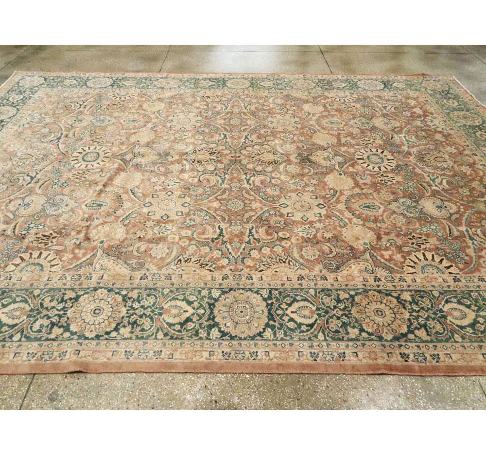 Wool Midcentury Handmade Persian Room Size Area Rug in Green and Burnt Umber