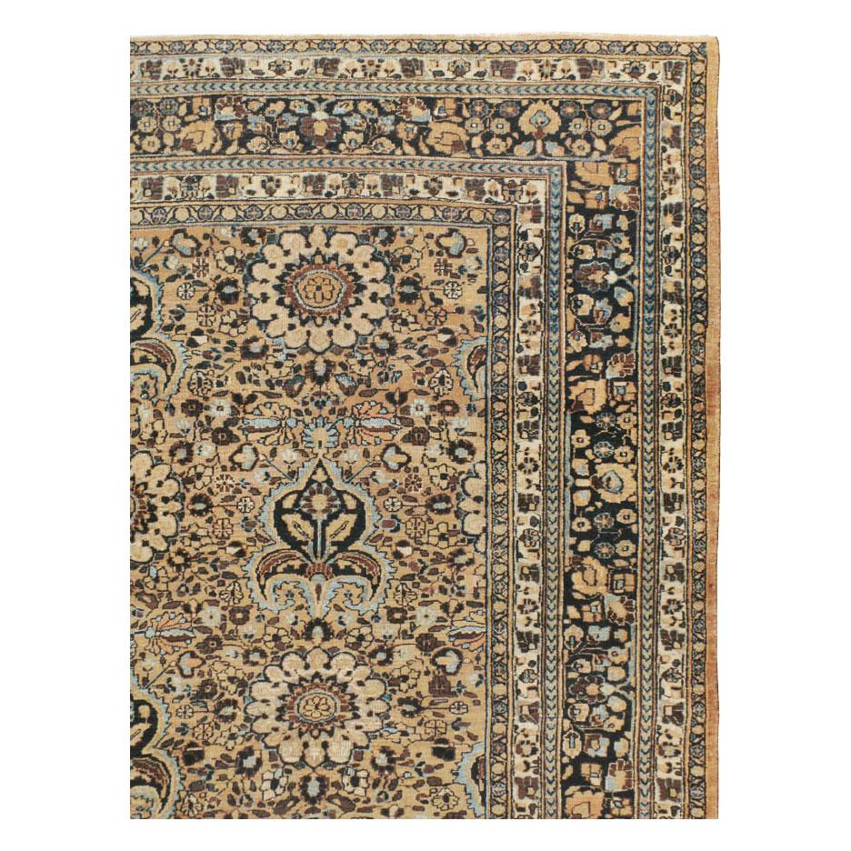 Rustic Midcentury Handmade Persian Room Size Area Rug in Light Brown and Light Blue For Sale