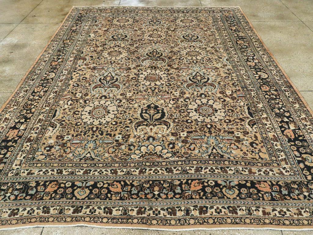 Midcentury Handmade Persian Room Size Area Rug in Light Brown and Light Blue In Good Condition For Sale In New York, NY