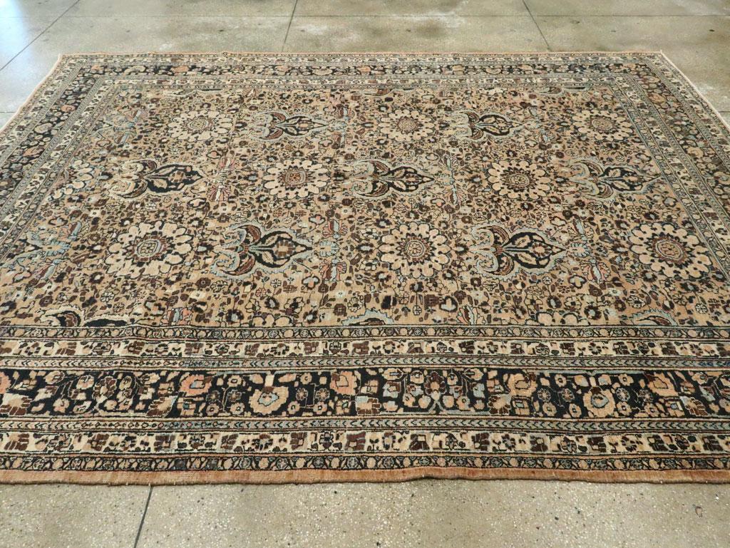 Midcentury Handmade Persian Room Size Area Rug in Light Brown and Light Blue For Sale 1