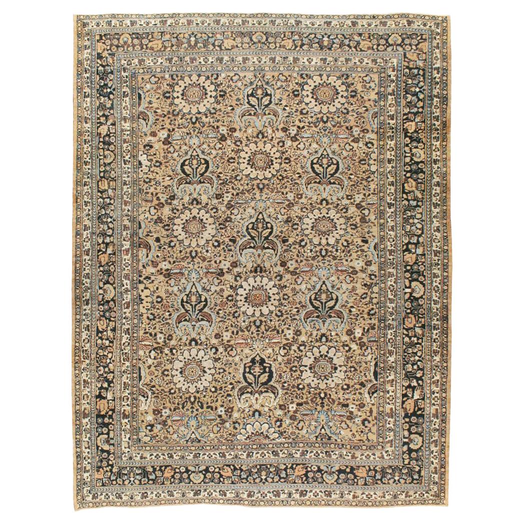 Midcentury Handmade Persian Room Size Area Rug in Light Brown and Light Blue For Sale