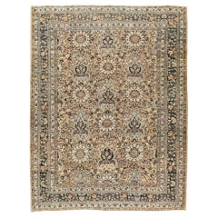 Vintage Midcentury Handmade Persian Room Size Area Rug in Light Brown and Light Blue