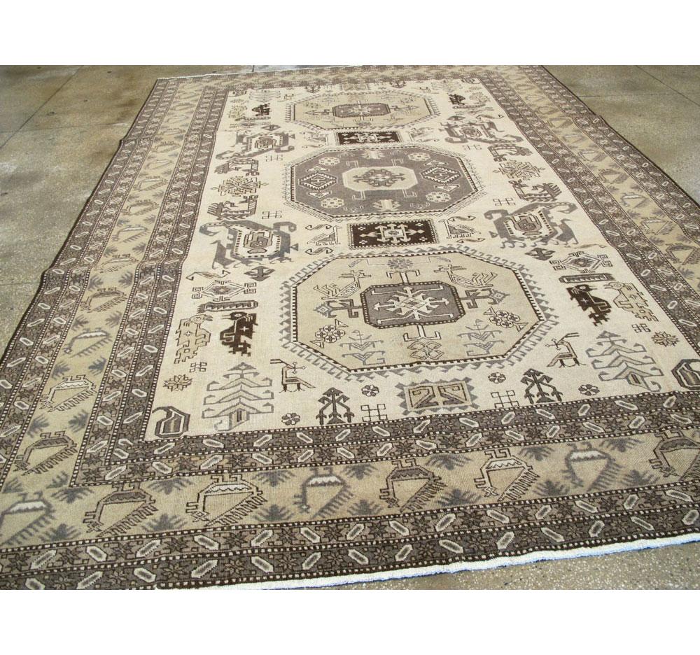 Midcentury Handmade Persian Tribal Room Size Rug in Neutral Colors In Good Condition For Sale In New York, NY