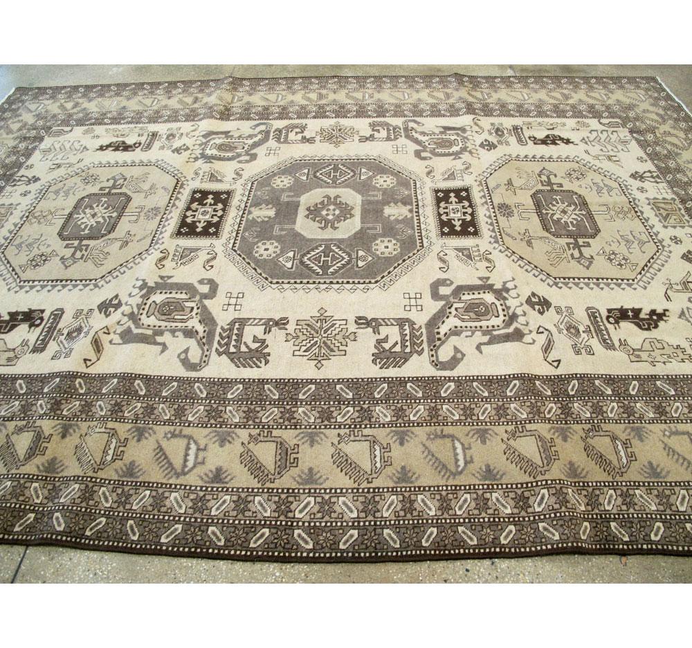 Wool Midcentury Handmade Persian Tribal Room Size Rug in Neutral Colors For Sale