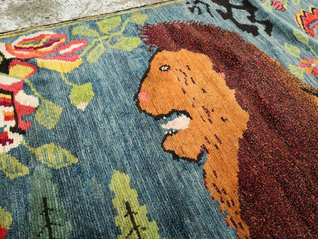 Caucasian Midcentury Handmade Pictorial Lion Rug in Cerulean Blue and Seafoam Green
