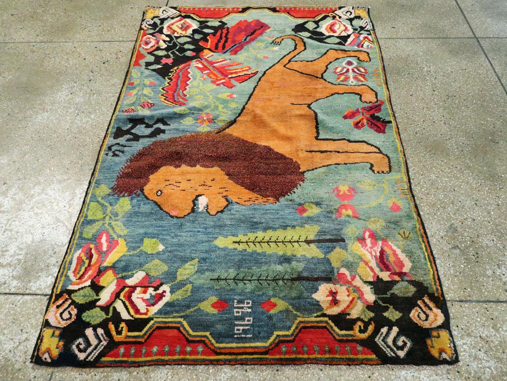 Midcentury Handmade Pictorial Lion Rug in Cerulean Blue and Seafoam Green In Good Condition In New York, NY