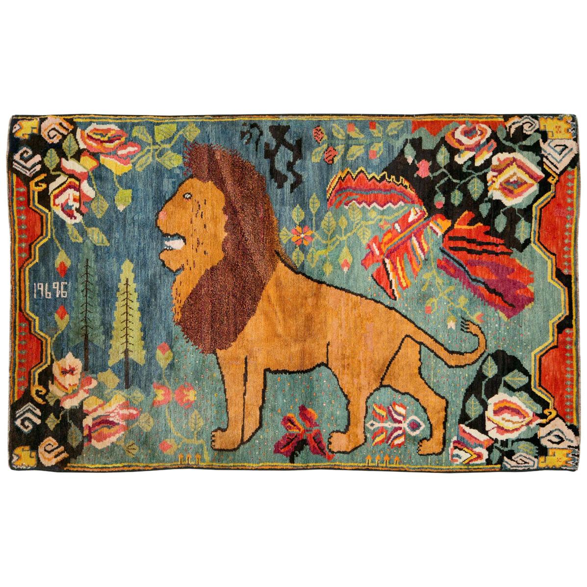Midcentury Handmade Pictorial Lion Rug in Cerulean Blue and Seafoam Green