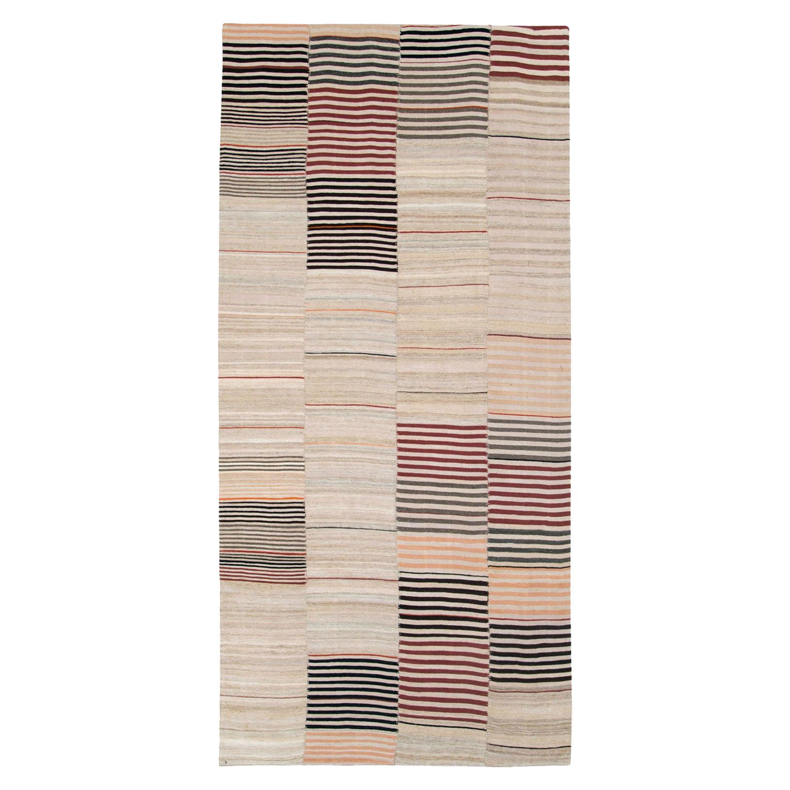 Midcentury Handmade Tribal Persian Gallery Flatweave in Beige and Sienna For Sale