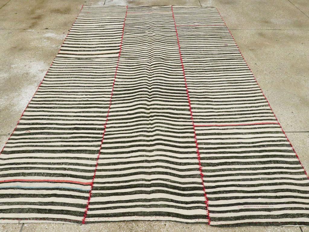 Rustic Midcentury Handmade Tribal Persian Zebra Striped Flat-Weave Accent Rug For Sale