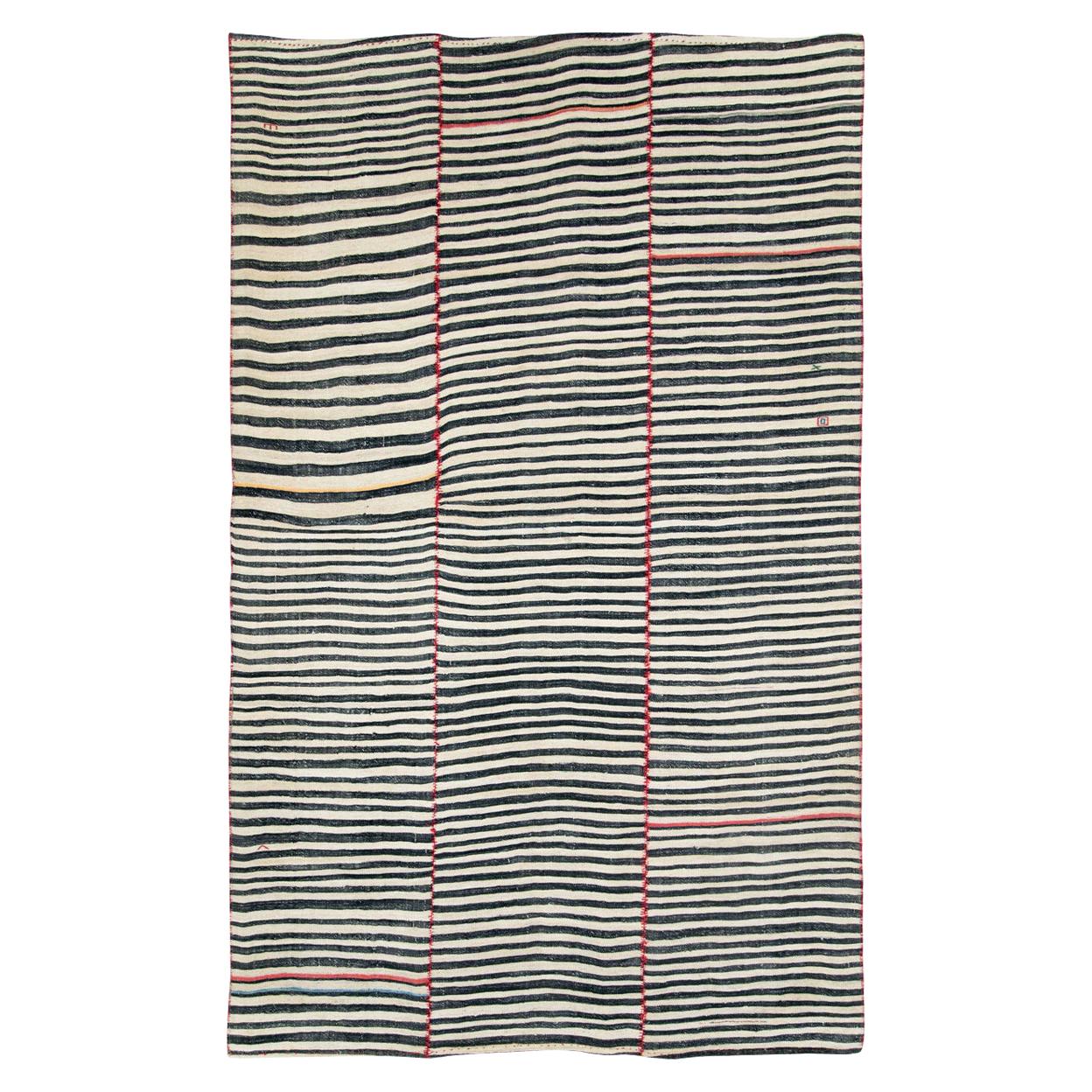 Midcentury Handmade Tribal Persian Zebra Striped Flat-Weave Accent Rug For Sale