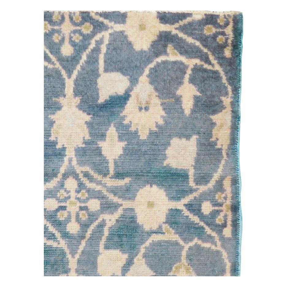 Modern Midcentury Handmade Turkish Throw Rug in Cerulean Blue and Ivory