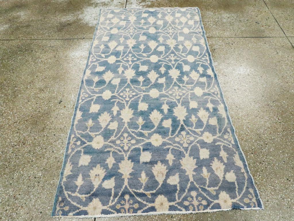 Hand-Knotted Midcentury Handmade Turkish Throw Rug in Cerulean Blue and Ivory