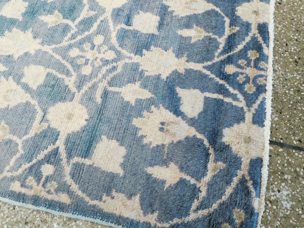 Midcentury Handmade Turkish Throw Rug in Cerulean Blue and Ivory 1