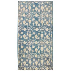 Midcentury Handmade Turkish Throw Rug in Cerulean Blue and Ivory