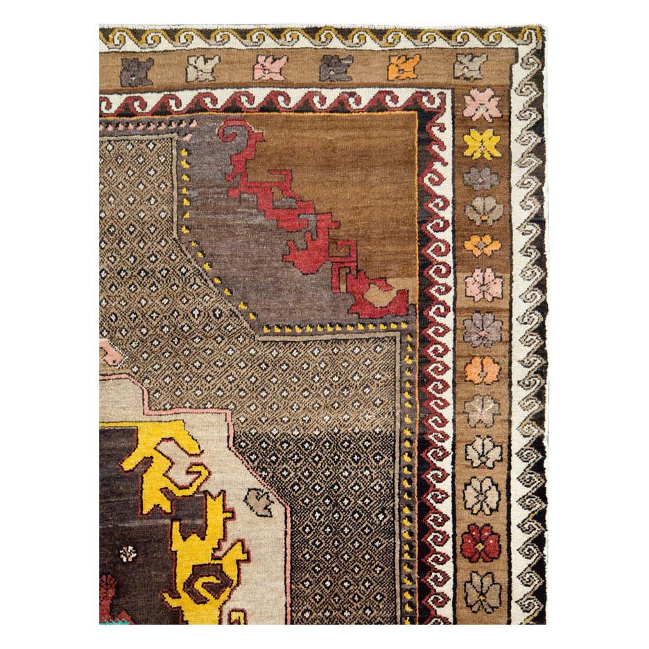 Hand-Knotted Midcentury Handmade Turkish Tribal Room Size Rug in Brown Yellow and Red For Sale