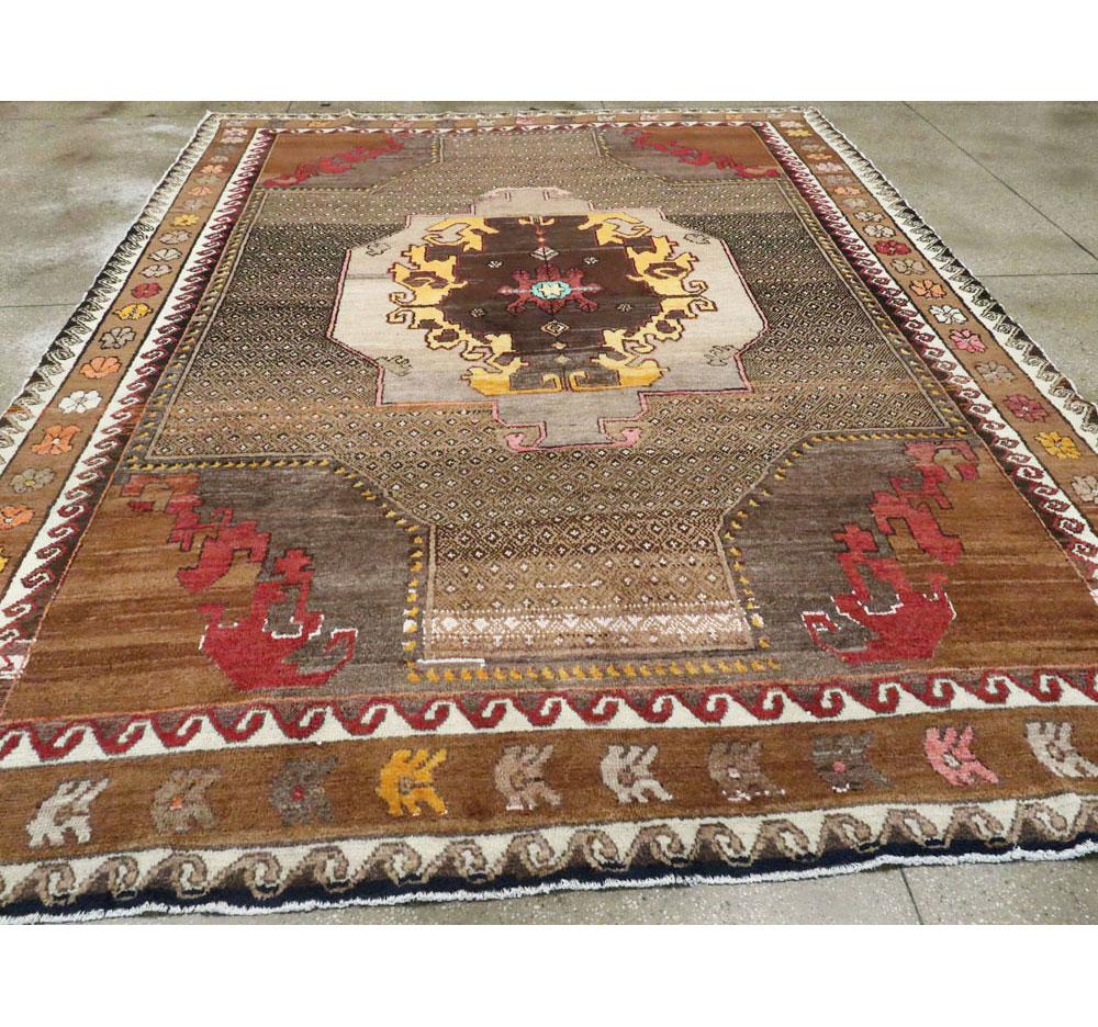 Midcentury Handmade Turkish Tribal Room Size Rug in Brown Yellow and Red In Good Condition For Sale In New York, NY