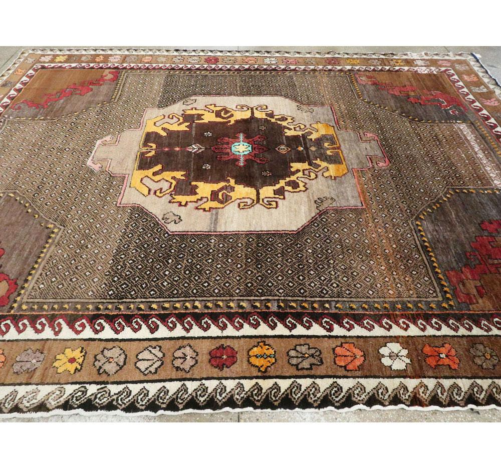 Midcentury Handmade Turkish Tribal Room Size Rug in Brown Yellow and Red For Sale 1