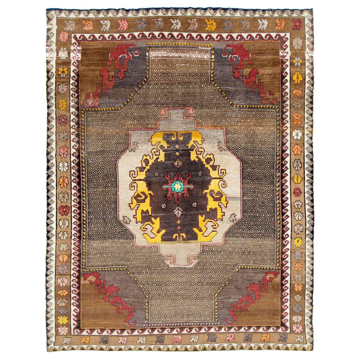 Midcentury Handmade Turkish Tribal Room Size Rug in Brown Yellow and Red For Sale