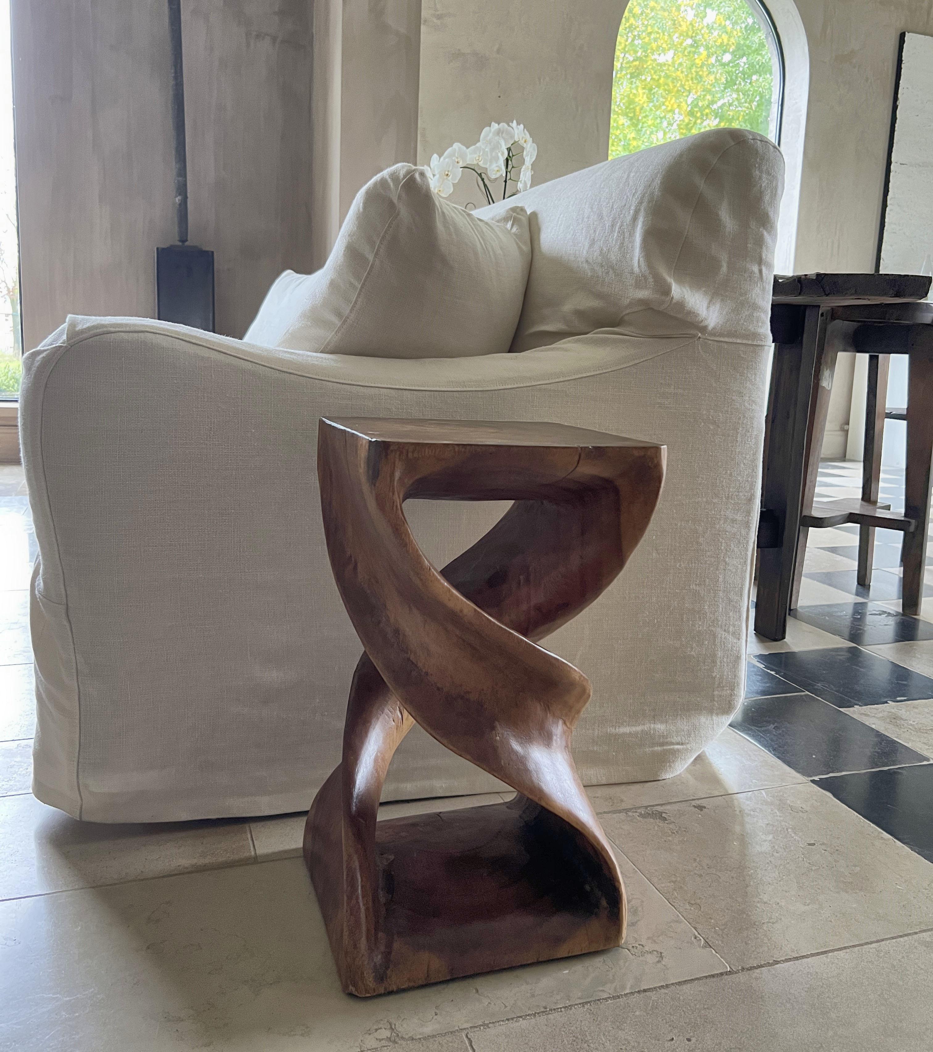 Midcentury handsculpted spiral stool sidetable in solid wood 6