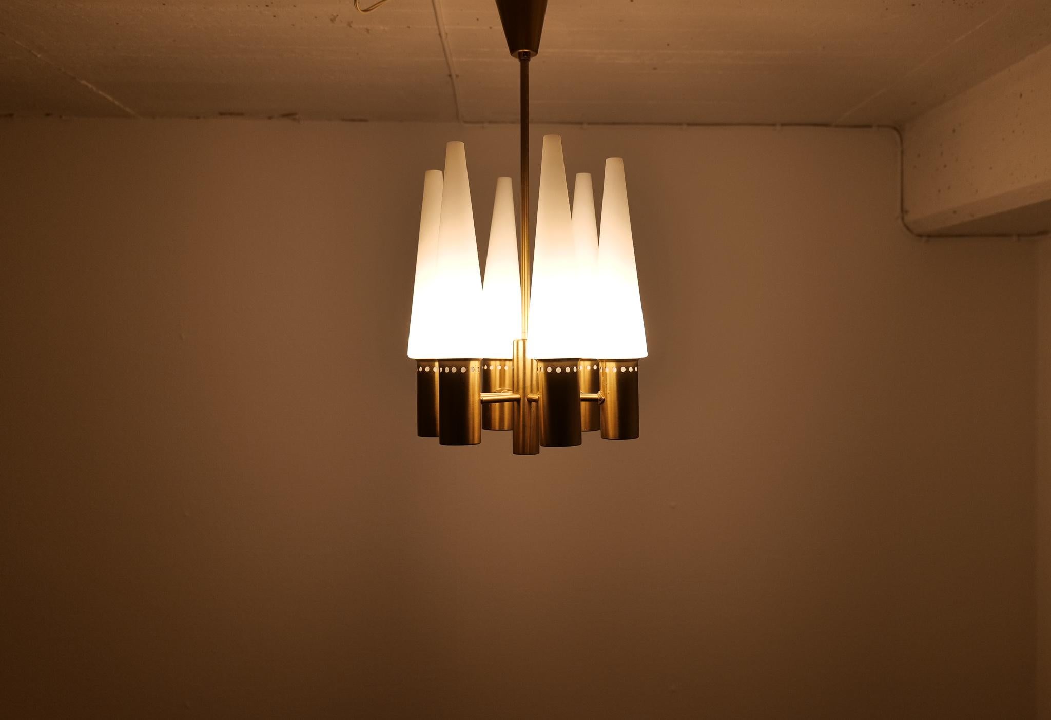 Mid-Century Modern Midcentury Hans-Agne Jakobsson Brass and Opaline Ceiling Lamp, Sweden, 1950s For Sale