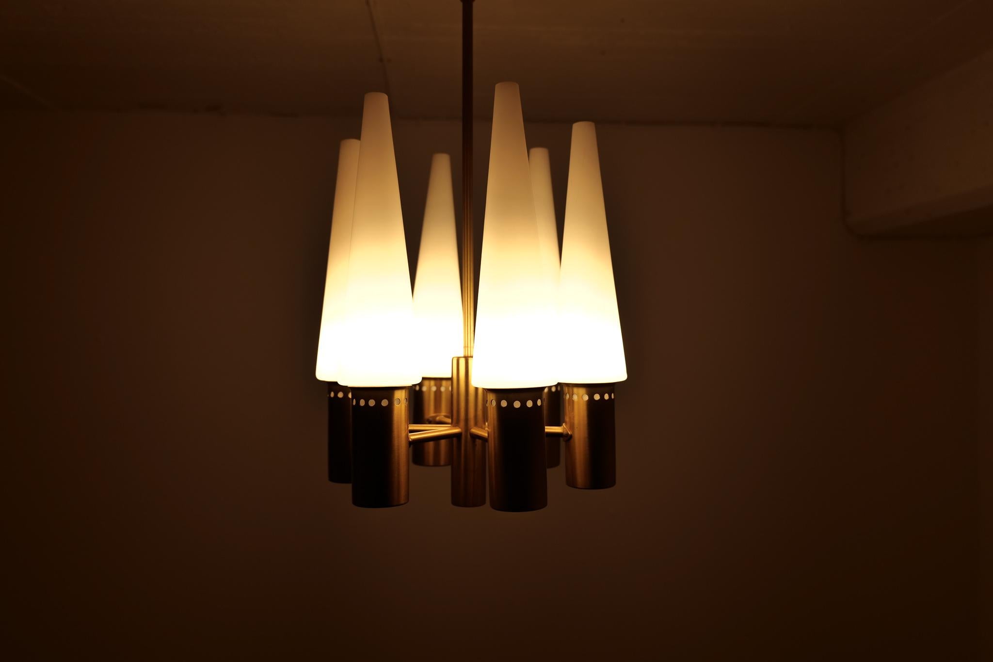 Swedish Midcentury Hans-Agne Jakobsson Brass and Opaline Ceiling Lamp, Sweden, 1950s For Sale