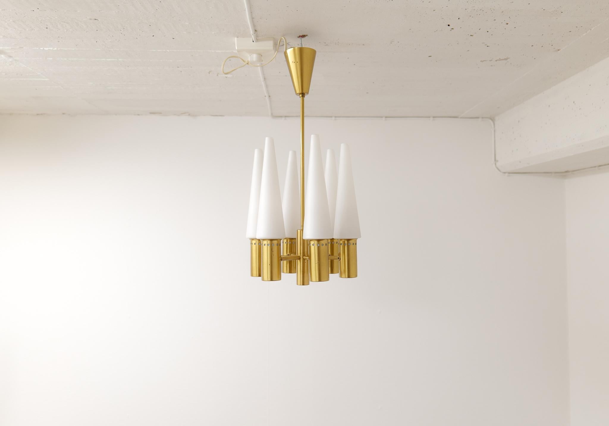 Mid-20th Century Midcentury Hans-Agne Jakobsson Brass and Opaline Ceiling Lamp, Sweden, 1950s For Sale