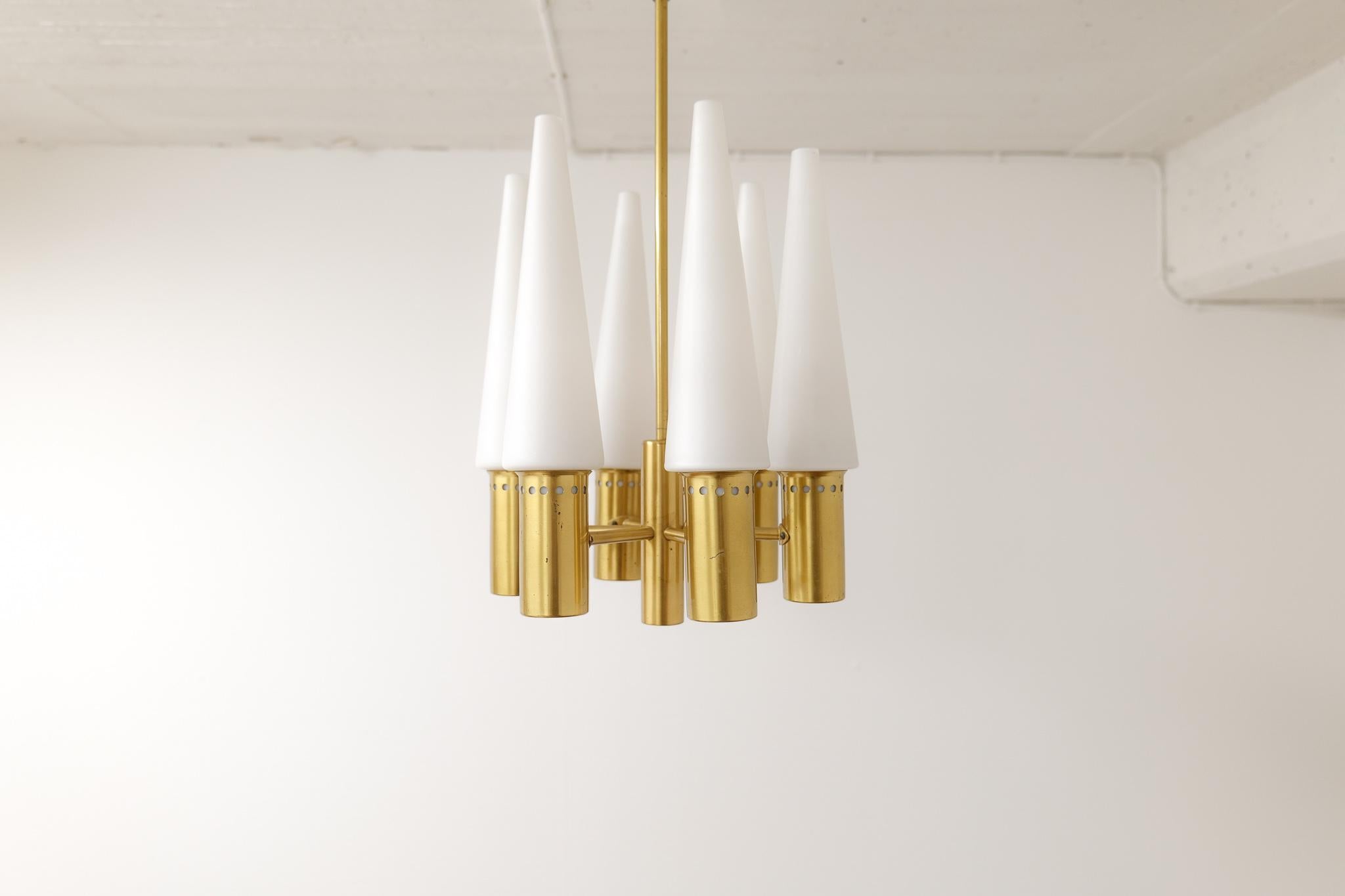 Midcentury Hans-Agne Jakobsson Brass and Opaline Ceiling Lamp, Sweden, 1950s For Sale 1