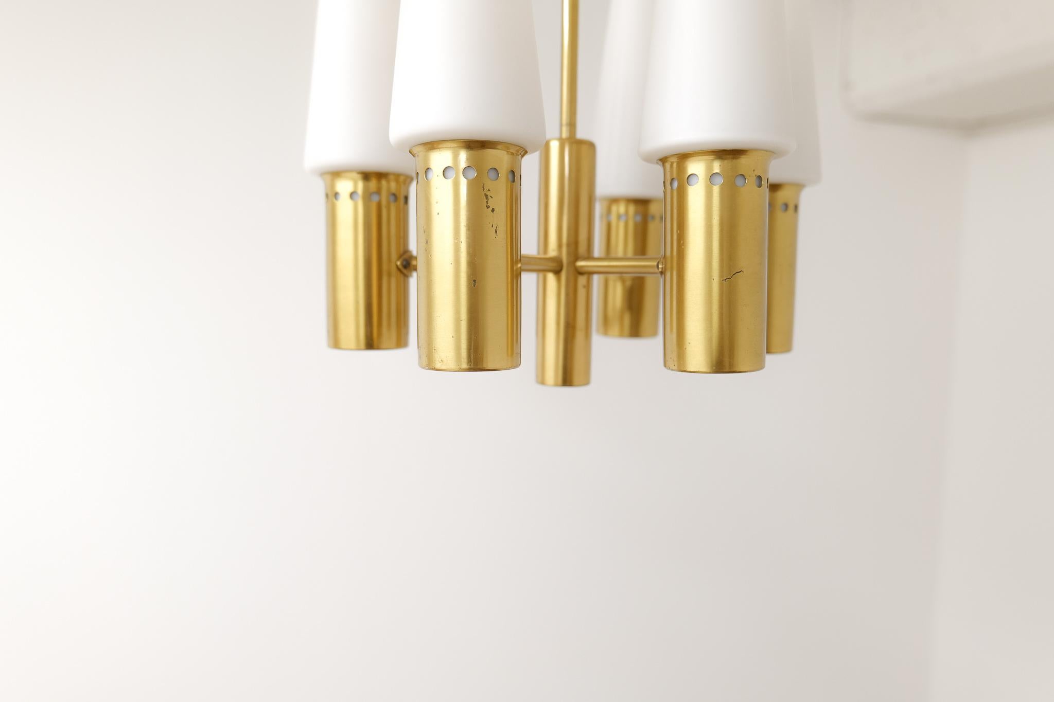 Midcentury Hans-Agne Jakobsson Brass and Opaline Ceiling Lamp, Sweden, 1950s For Sale 2