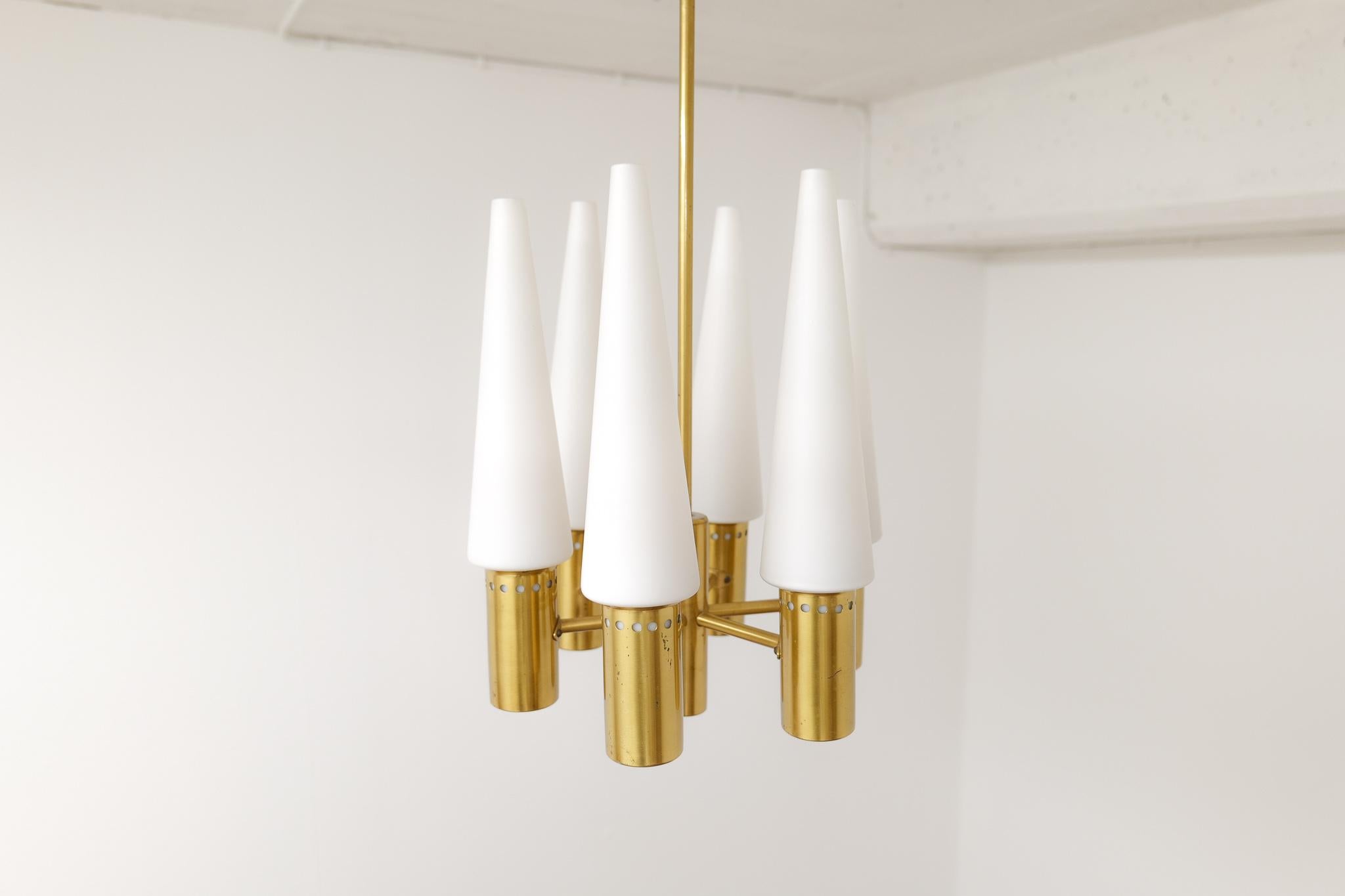 Midcentury Hans-Agne Jakobsson Brass and Opaline Ceiling Lamp, Sweden, 1950s For Sale 3