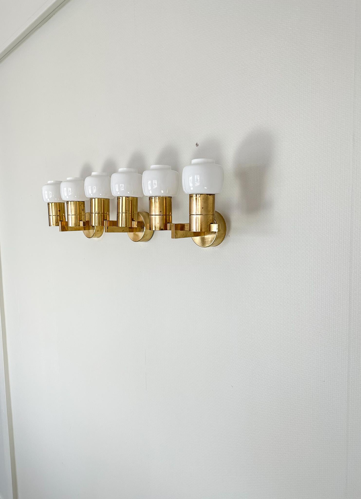 Swedish Midcentury Hans-Agne Jakobsson Brass and Opaline Glass Wall Lamps, Sweden, 1960s For Sale