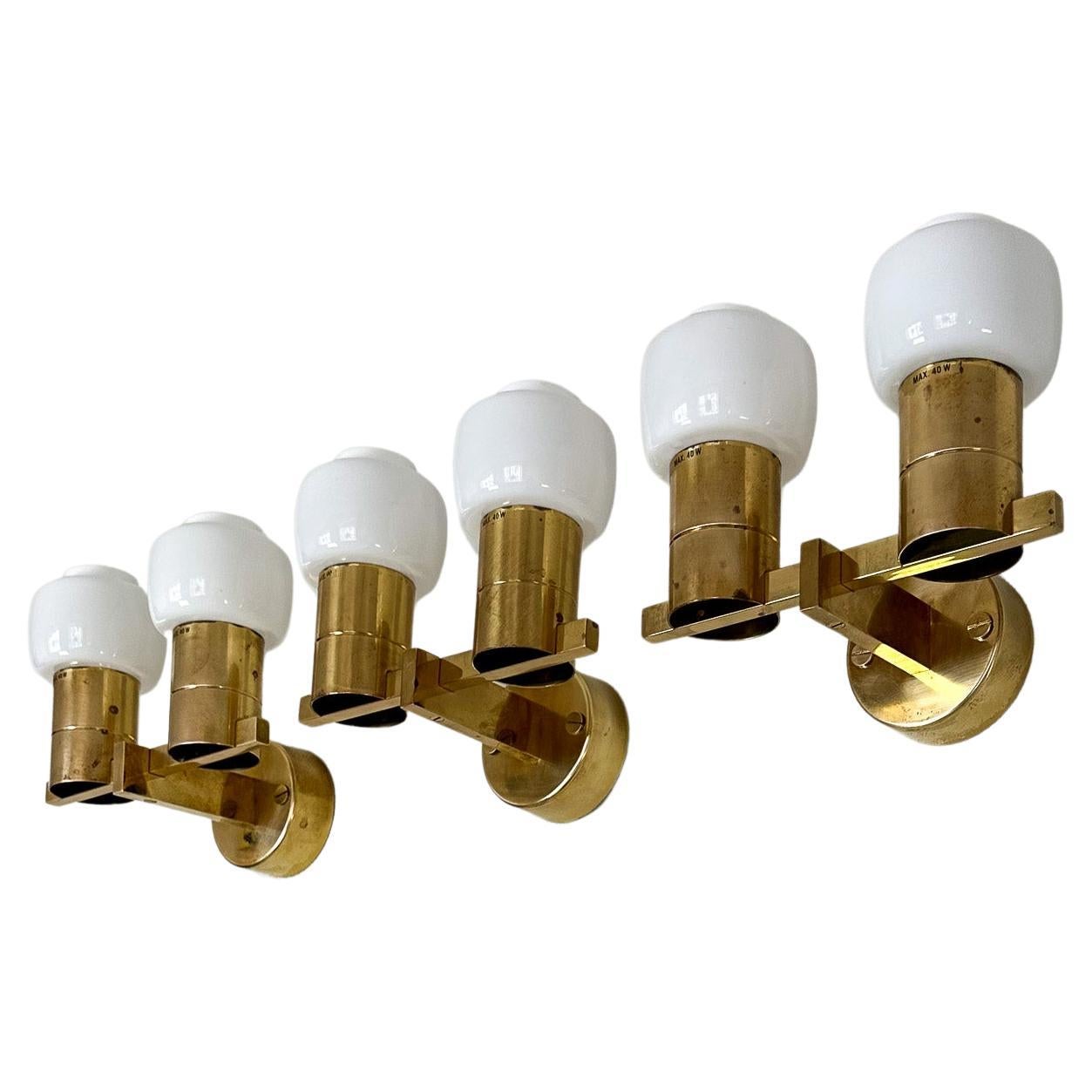 Midcentury Hans-Agne Jakobsson Brass and Opaline Glass Wall Lamps, Sweden, 1960s For Sale