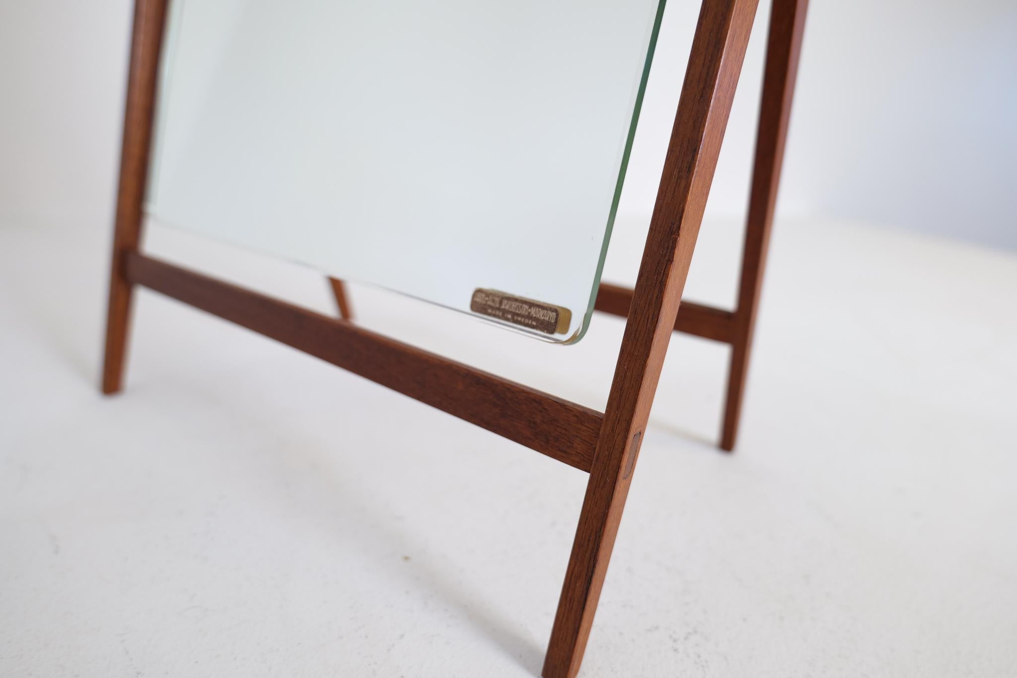Specchio da tavolo grande e raro di metà secolo di Hans-Agne Jakobsson in ottone e teak, Svezia in vendita 4