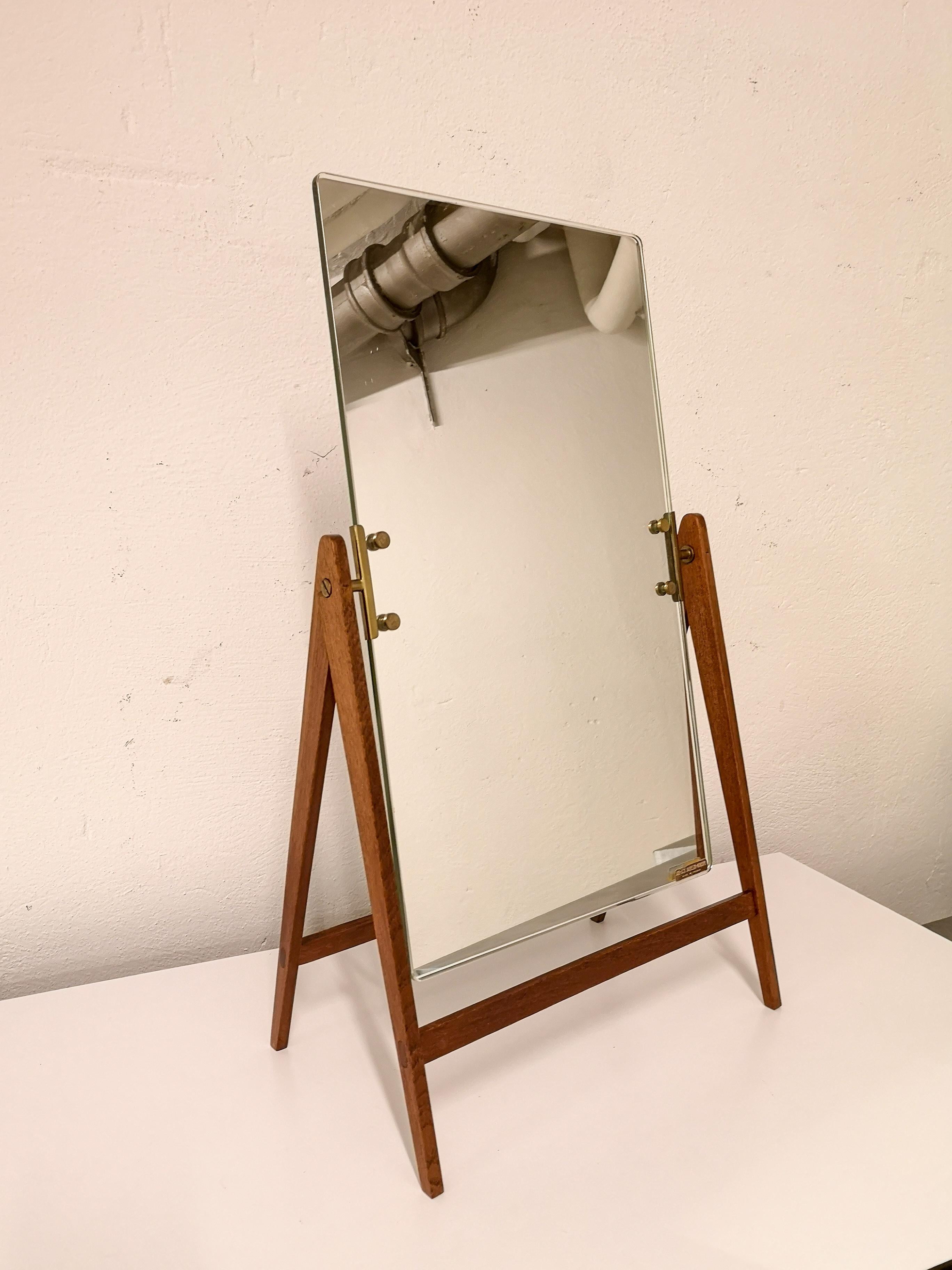 Midcentury Hans-Agne Jakobsson Brass and Teak Large Rare Table Mirror, Sweden 10