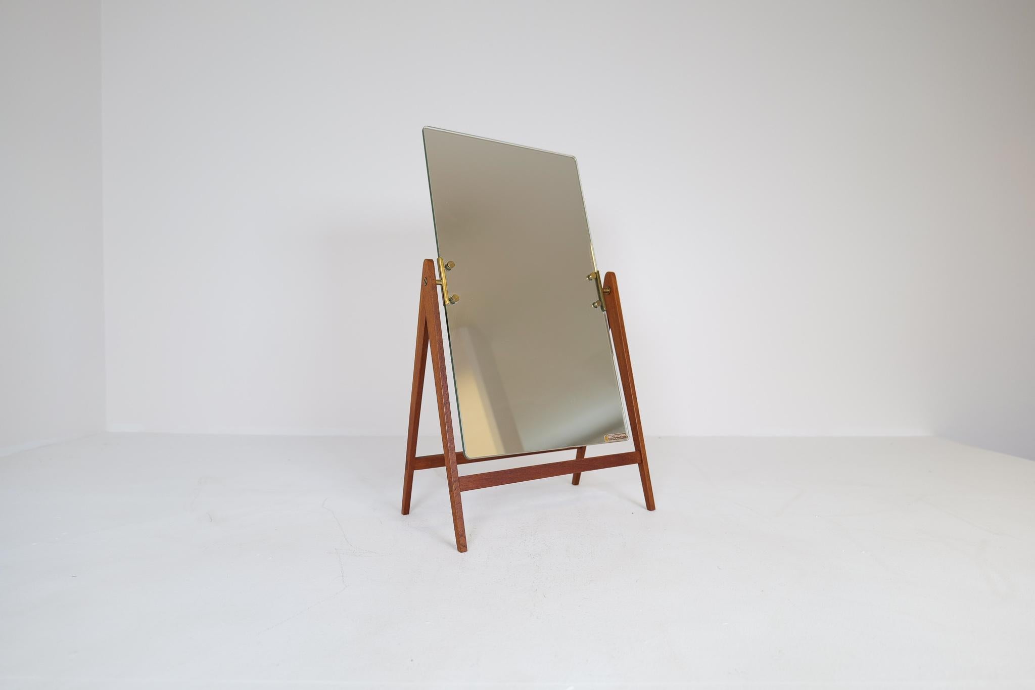 Mid-Century Hans-Agne Jakobsson Brass and Teak Large Rare Table Mirror, Sweden For Sale 11