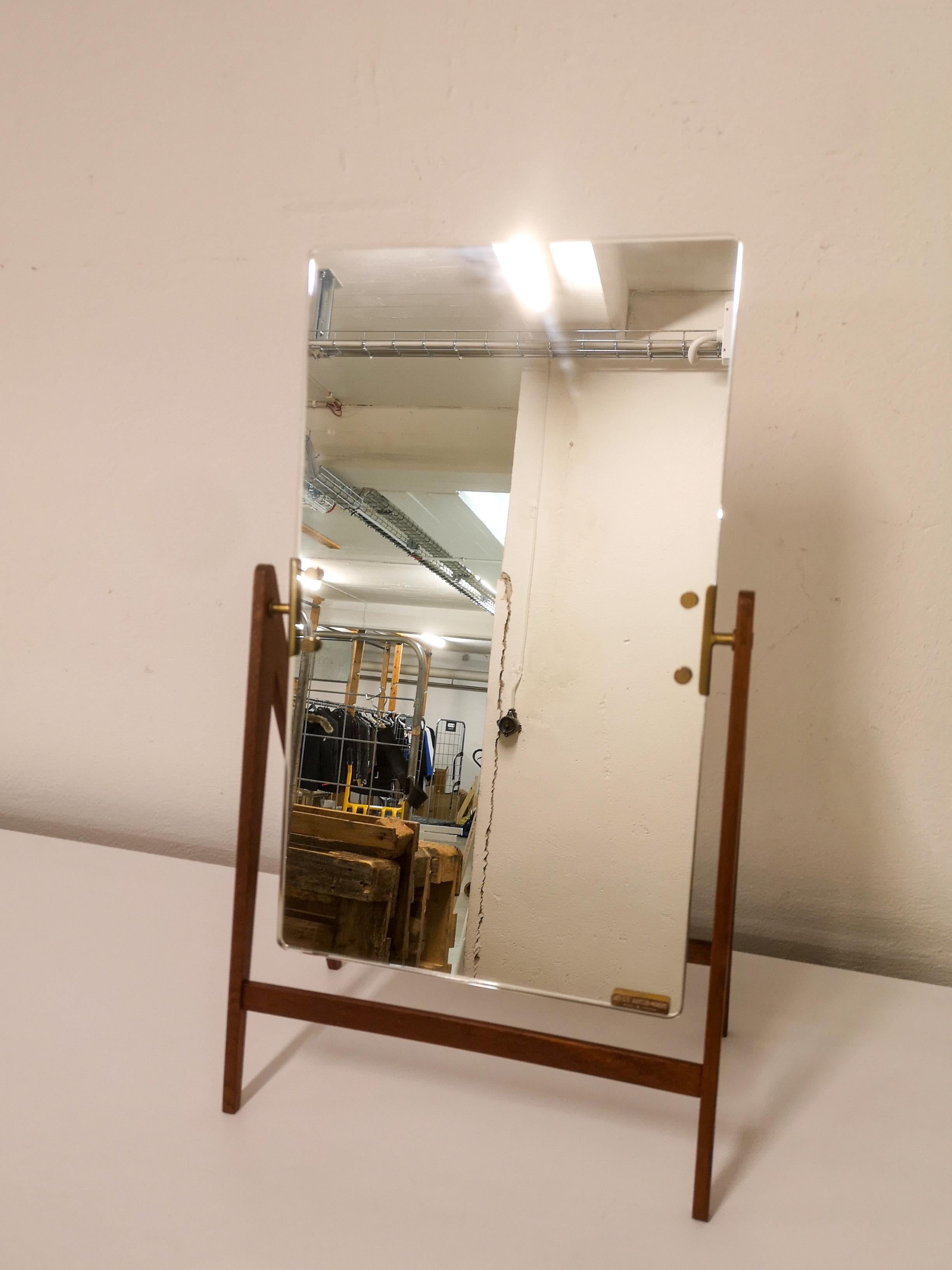 Midcentury Hans-Agne Jakobsson Brass and Teak Large Rare Table Mirror, Sweden 12
