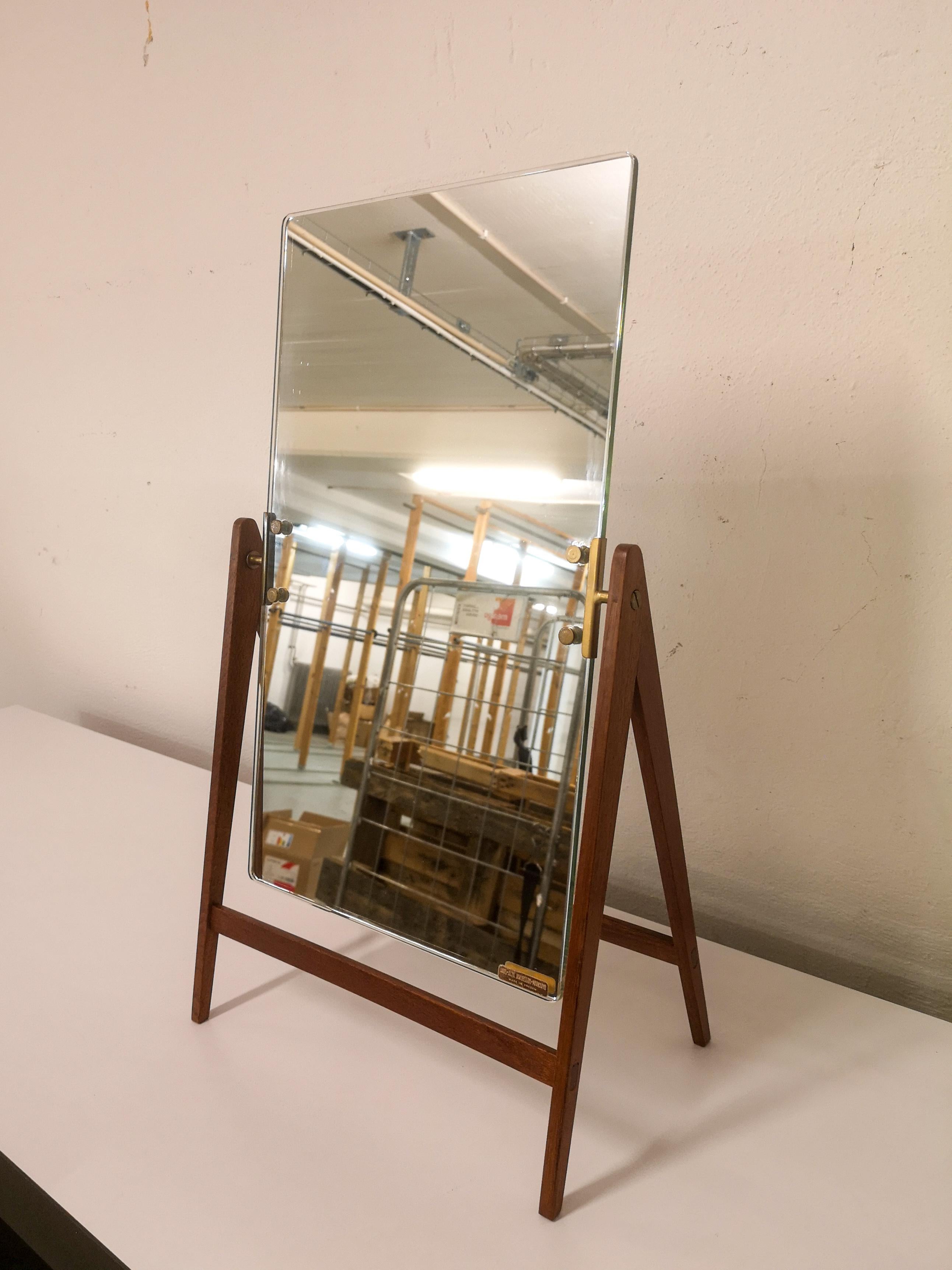 Midcentury Hans-Agne Jakobsson Brass and Teak Large Rare Table Mirror, Sweden 13