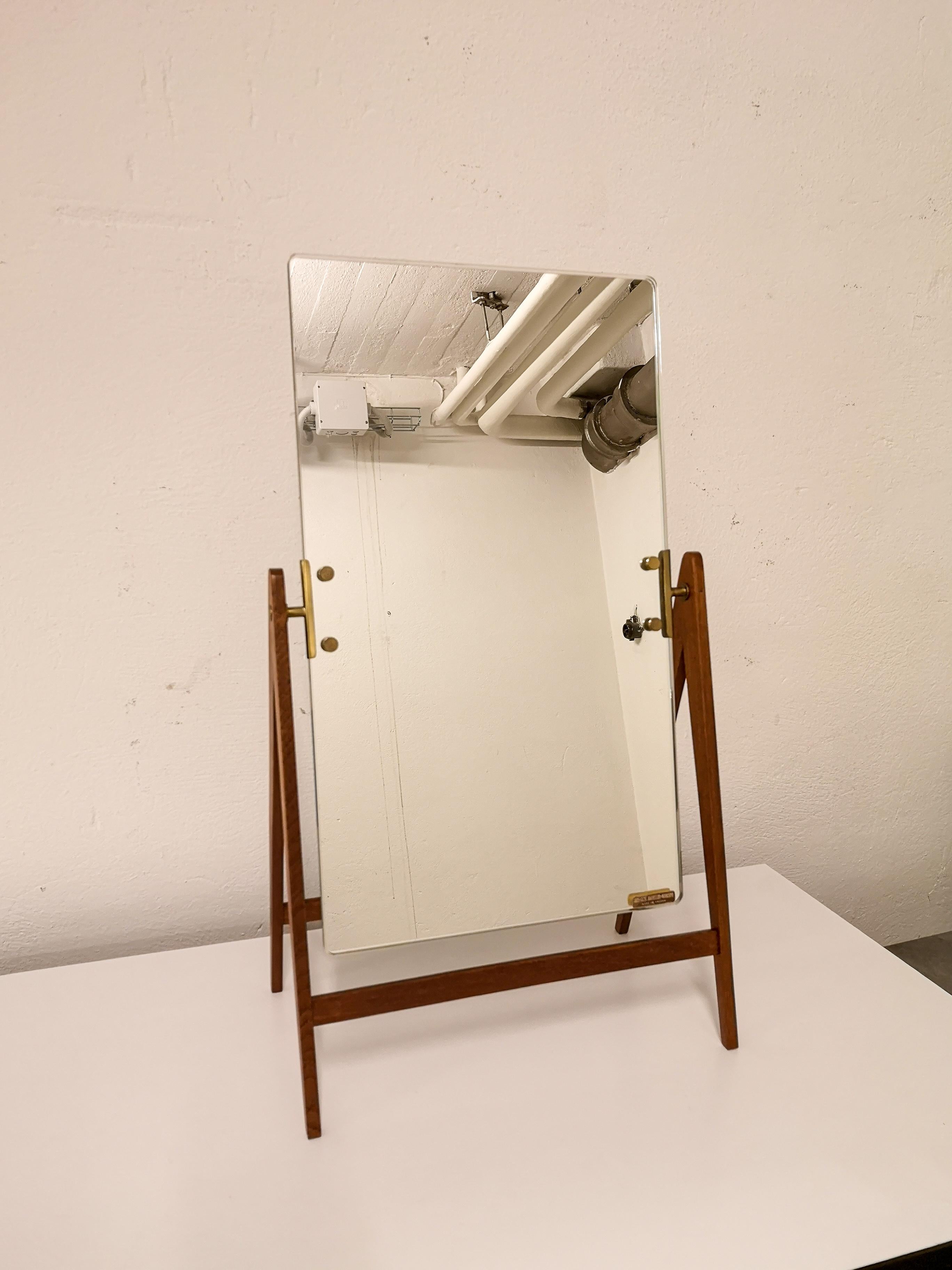 Midcentury Hans-Agne Jakobsson Brass and Teak Large Rare Table Mirror, Sweden In Good Condition In Hillringsberg, SE